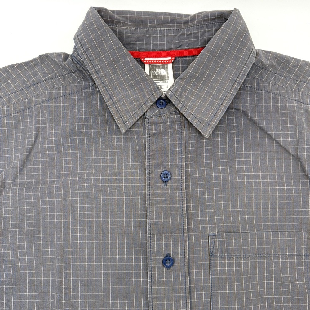 The North Face Button Up Mens Medium Grey Blue Grid ACVQ Short Sleeve Shirt